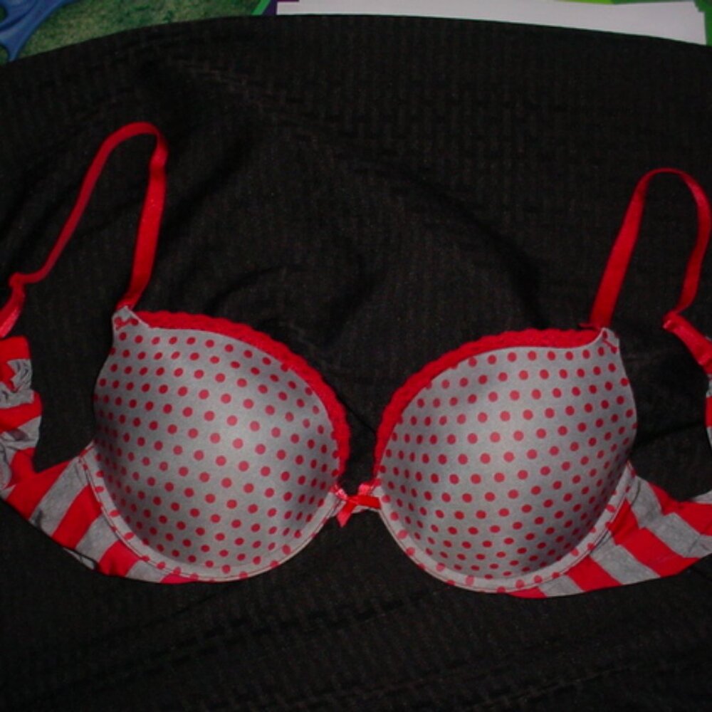 VICTORIAS SECRET Push Up Red & Gray Polka Dot Stripes Lace Bra 36C